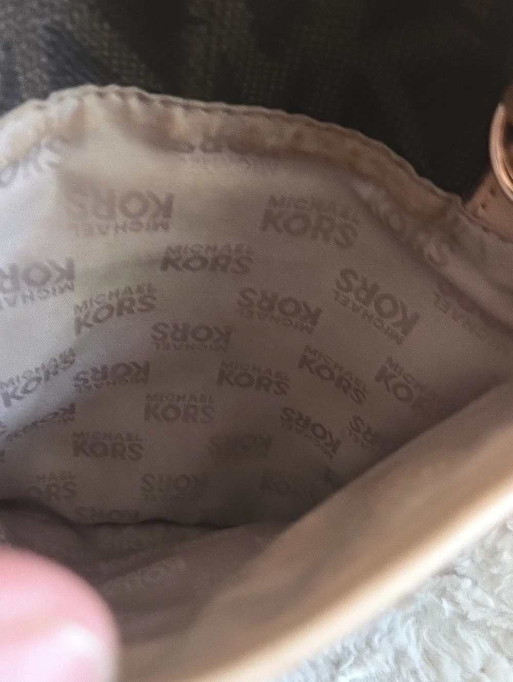 Michael Kors Brown Logo Crossbody with Beige Trim and Pink Butterfly Charm